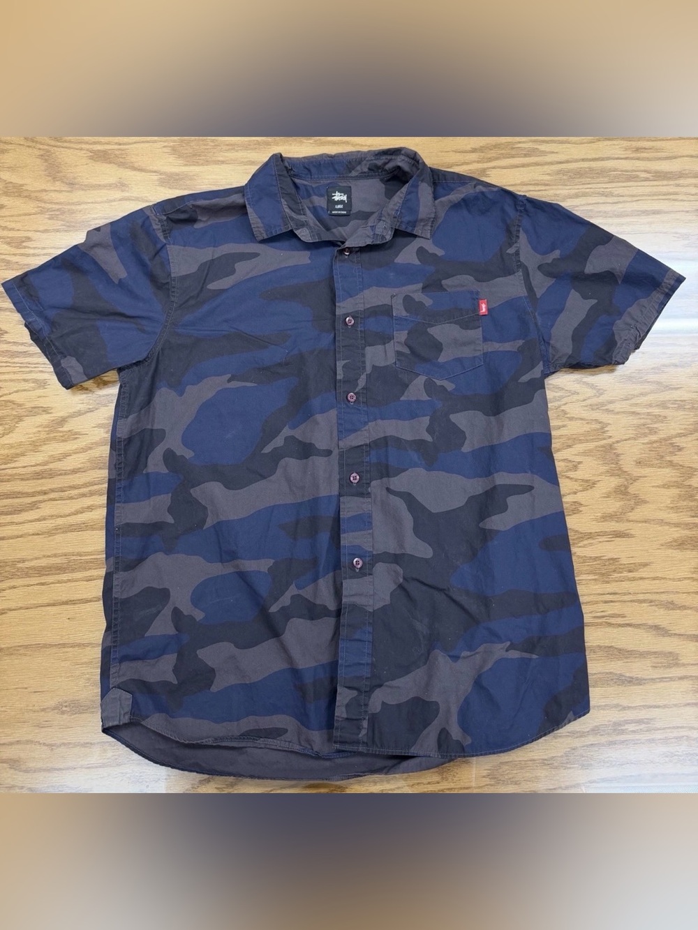 90s Stussy Blue Black Camo Short Sleeve Button Up Shirt Single Stitch XL - 22x28